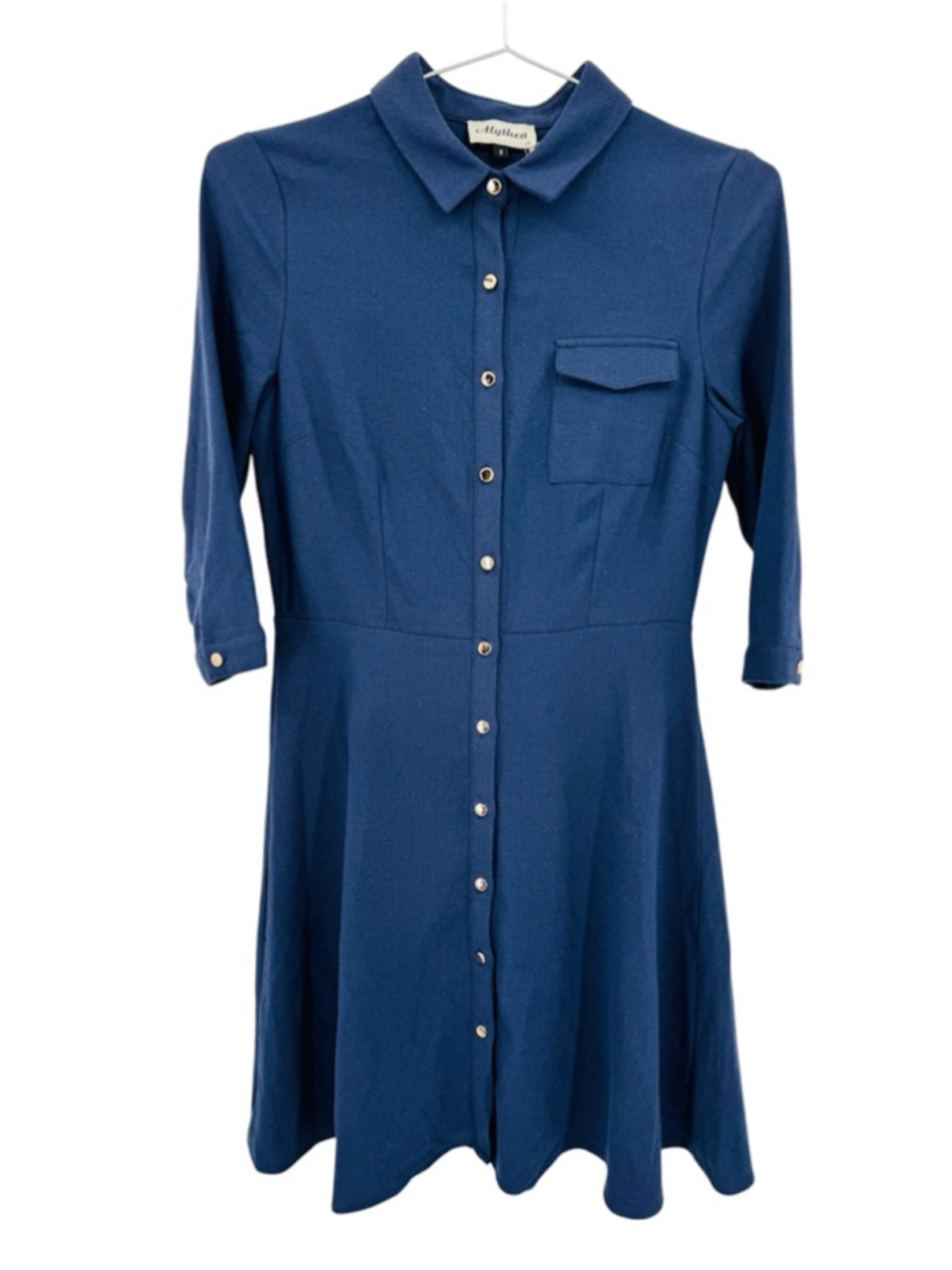 Navy Blue Shirt Dress Button Front Minimalist Career Wear Alythea Size Small